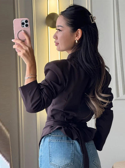 OLANE Fiona Structured Shoulder Cinched Blazer BrownSWomen's Coats & Jackets