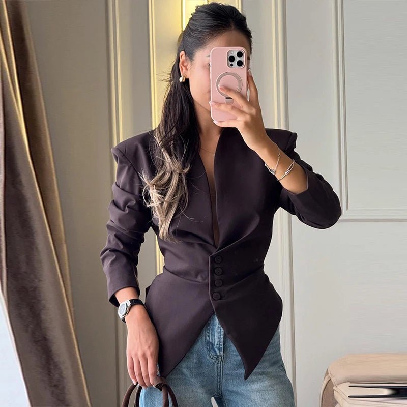 OLANE Fiona Structured Shoulder Cinched Blazer BrownSWomen's Coats & Jackets