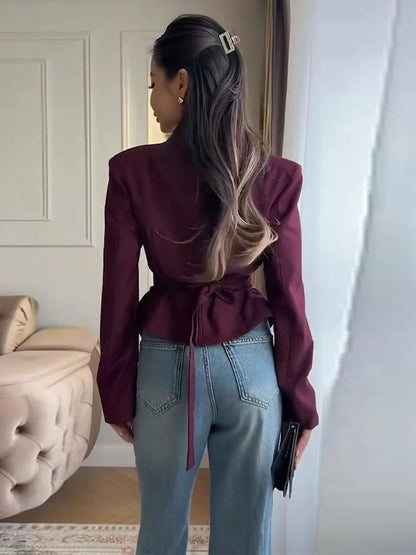 OLANE Fiona Structured Shoulder Cinched Blazer BurgundySWomen's Coats & Jackets