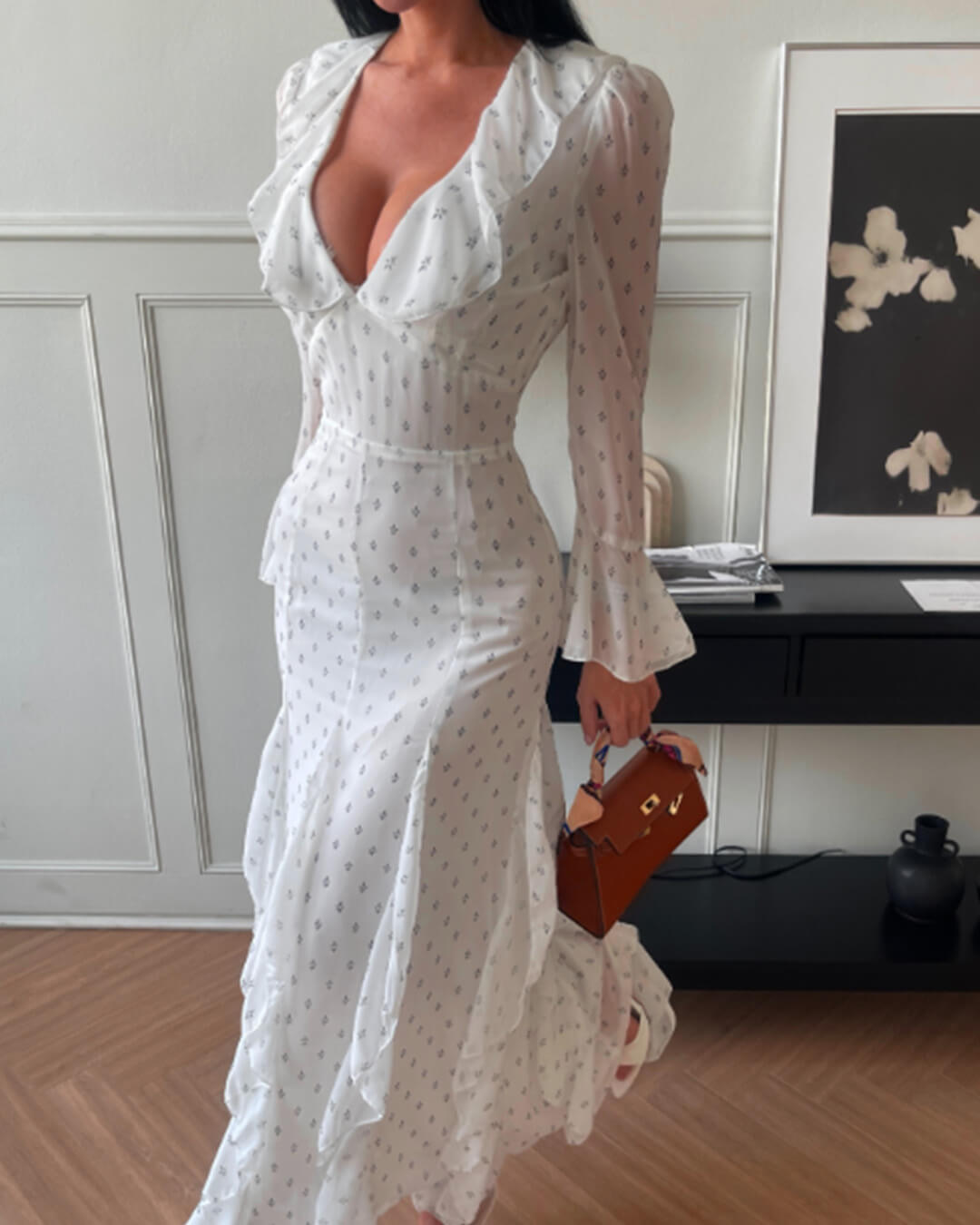 OLANE Flared Sleeve Ruffle Maxi Dress WhiteLWomen’s Dresses