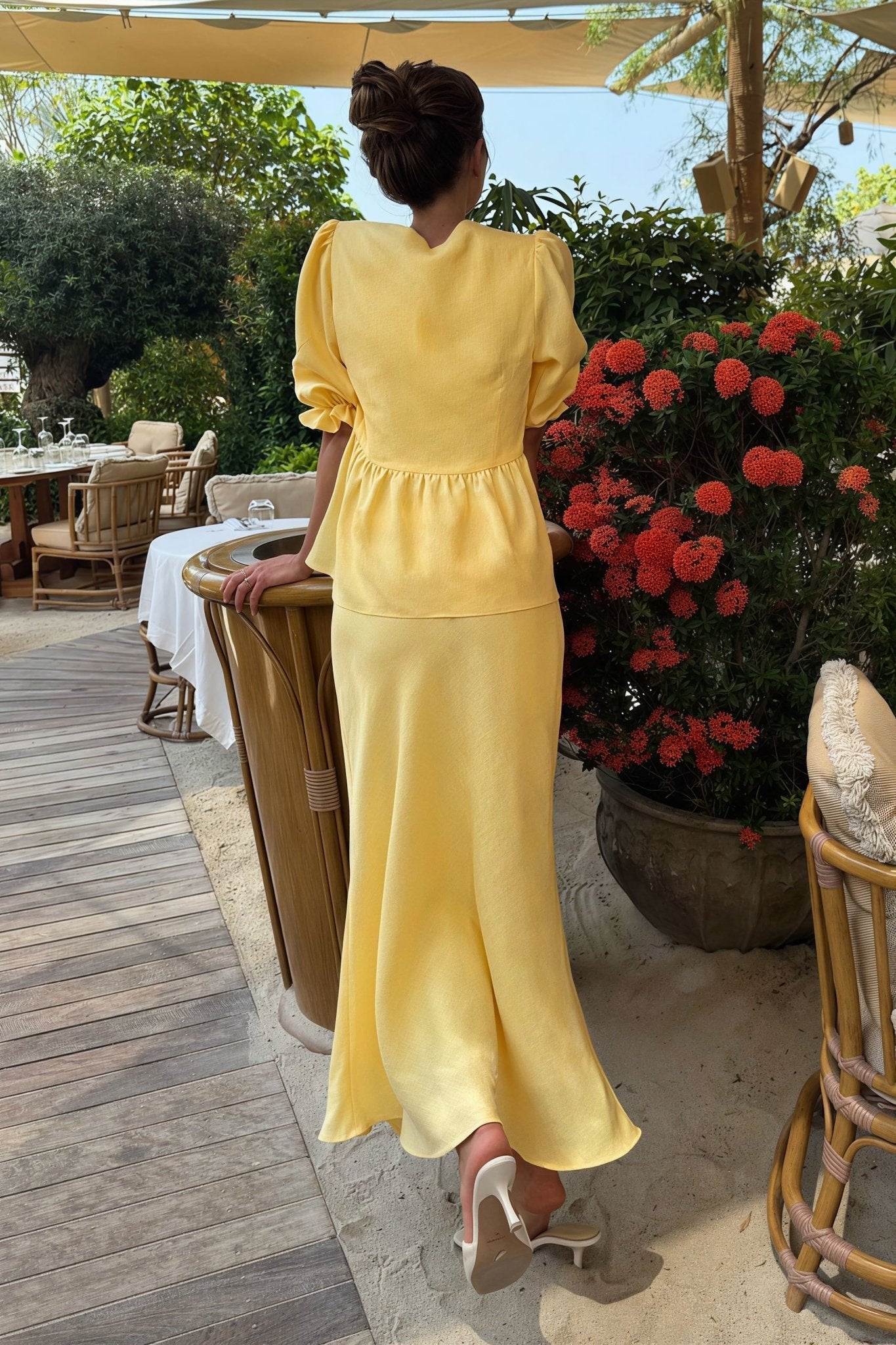 OLANE Flattering Tie - Front Ruffle Skirt Set YellowLWomen's Sets