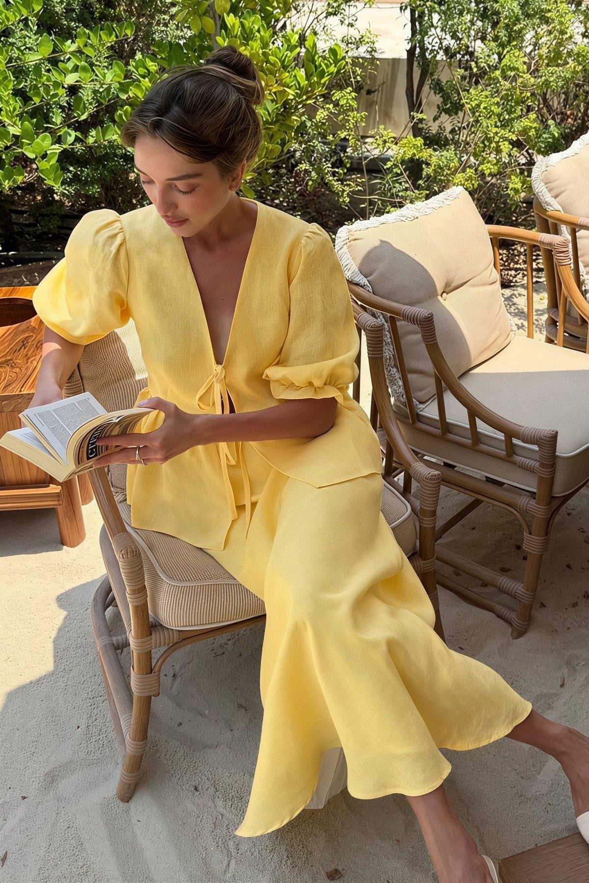 OLANE Flattering Tie - Front Ruffle Skirt Set YellowSWomen's Sets