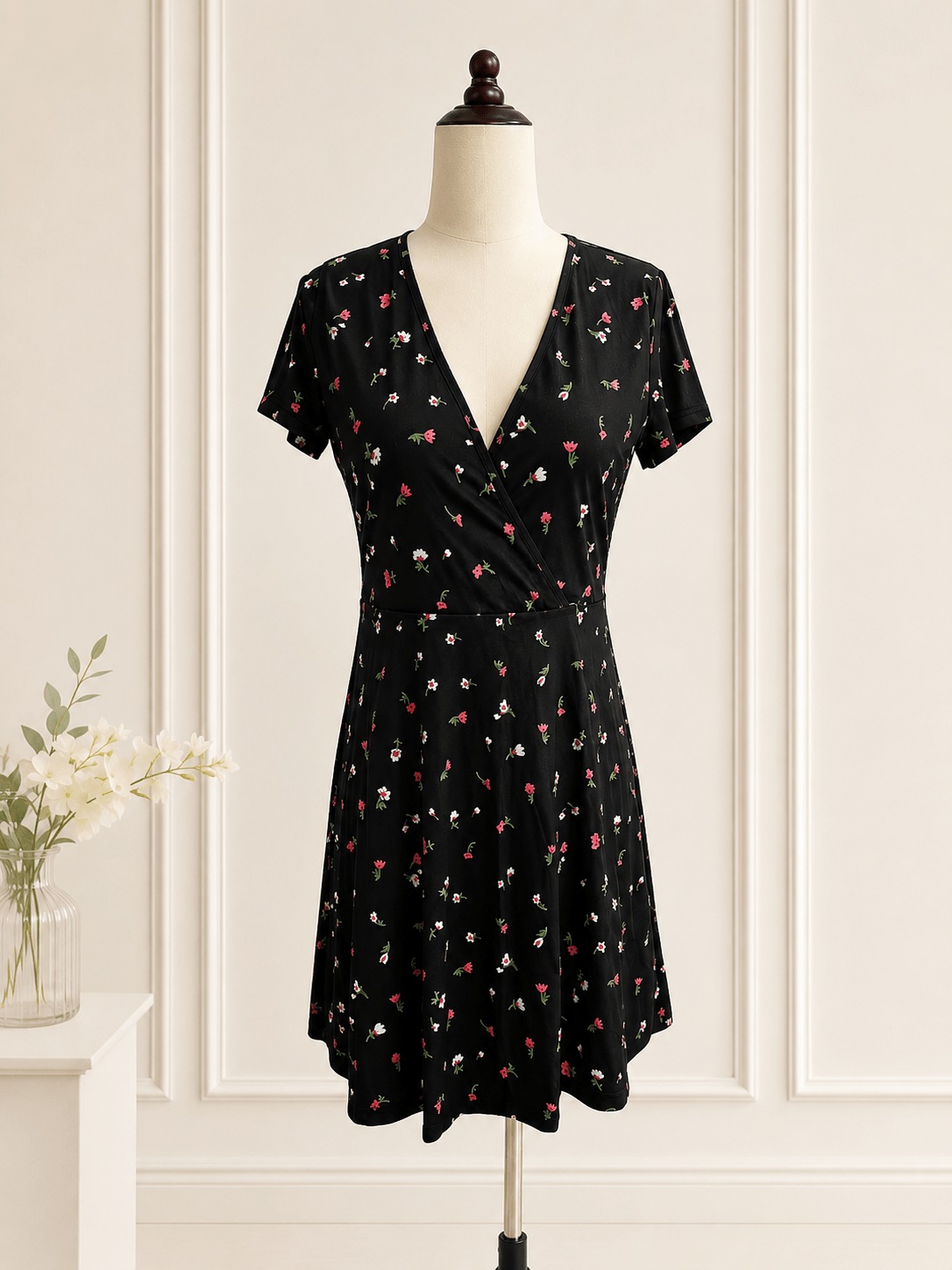 OLANE Floral Puff Sleeves Mini Dress BlackSWomen’s Dresses