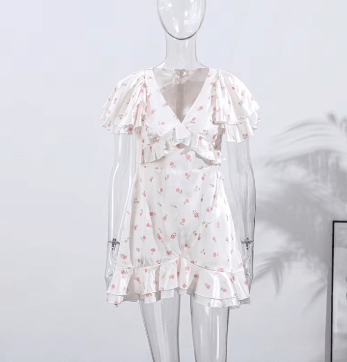 OLANE Floral Puff Sleeves Mini Dress WhiteMWomen’s Dresses