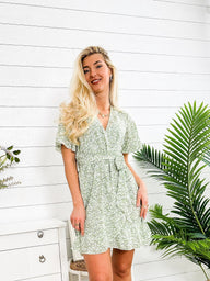 Aeronwen Floral Wrap-Tie Butterfly Sleeves Mini Dress