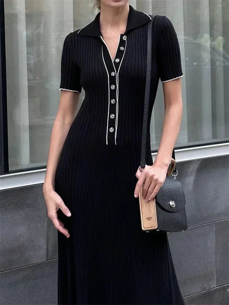 OLANE Flowy Half-Button Tricot Knit Midi Dress WhiteSWomen's Dresses