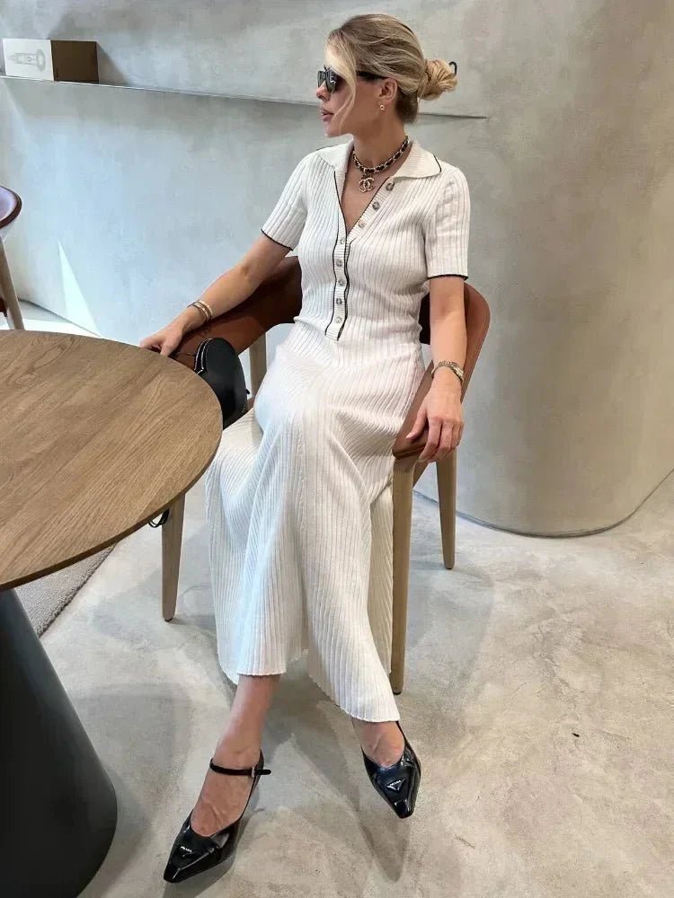 OLANE Flowy Half-Button Tricot Knit Midi Dress WhiteSWomen's Dresses