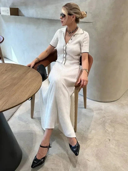 OLANE Flowy Half-Button Tricot Knit Midi Dress WhiteSWomen's Dresses