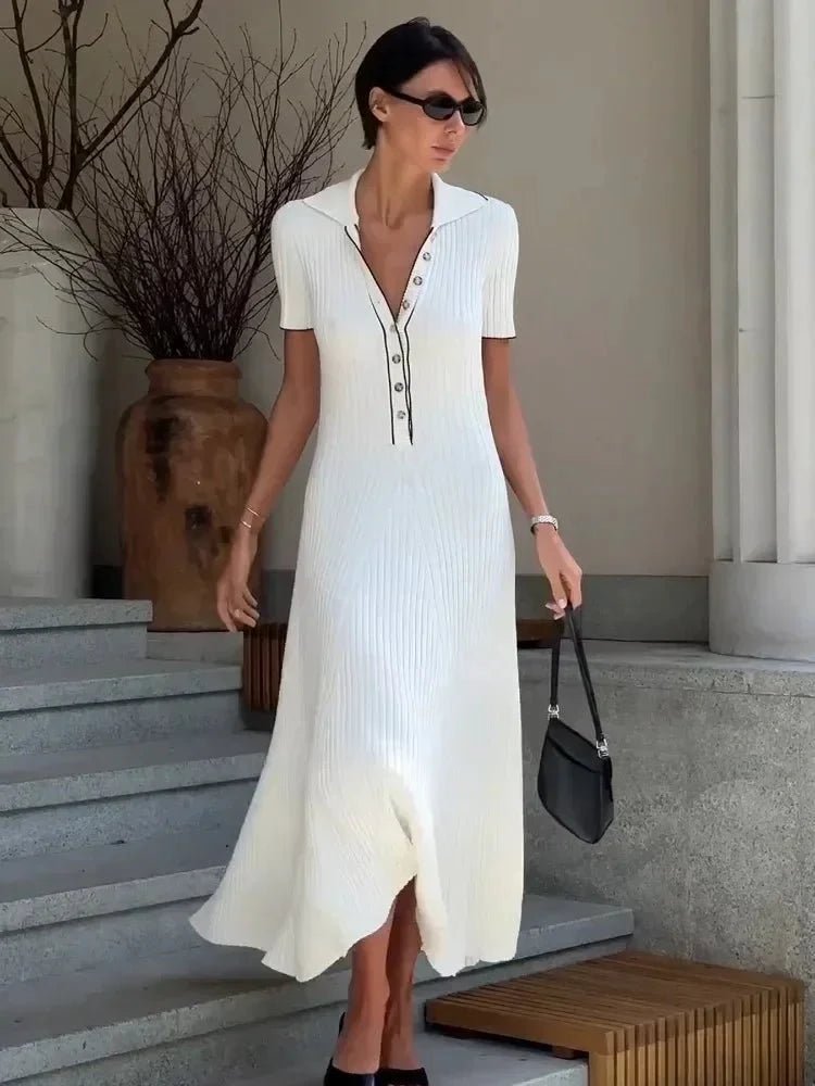OLANE Flowy Half-Button Tricot Knit Midi Dress WhiteSWomen's Dresses