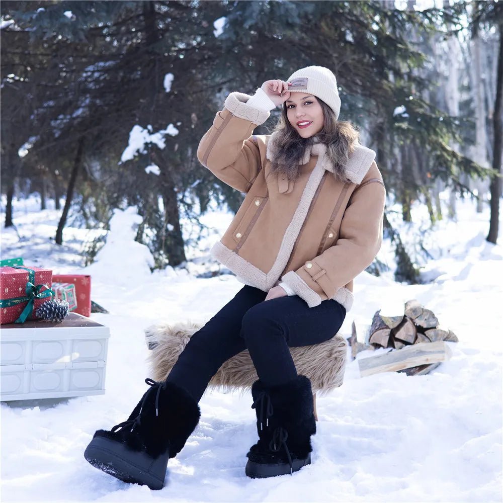 OLANE Fluffy Fur Winter Snow Boots Black Low36-37Women's Shoes