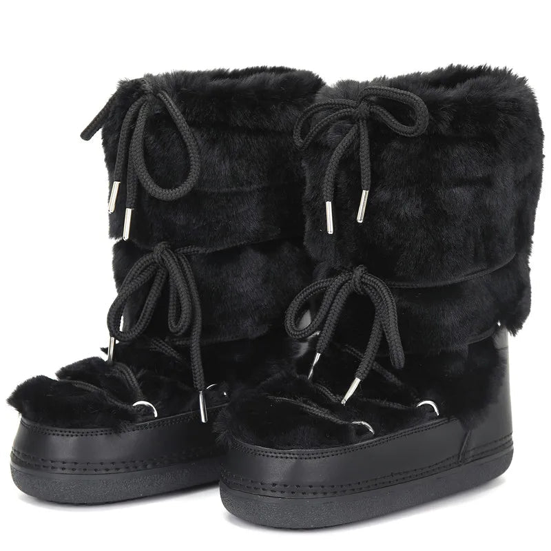 OLANE Fluffy Fur Winter Snow Boots Black Low36-37Women's Shoes
