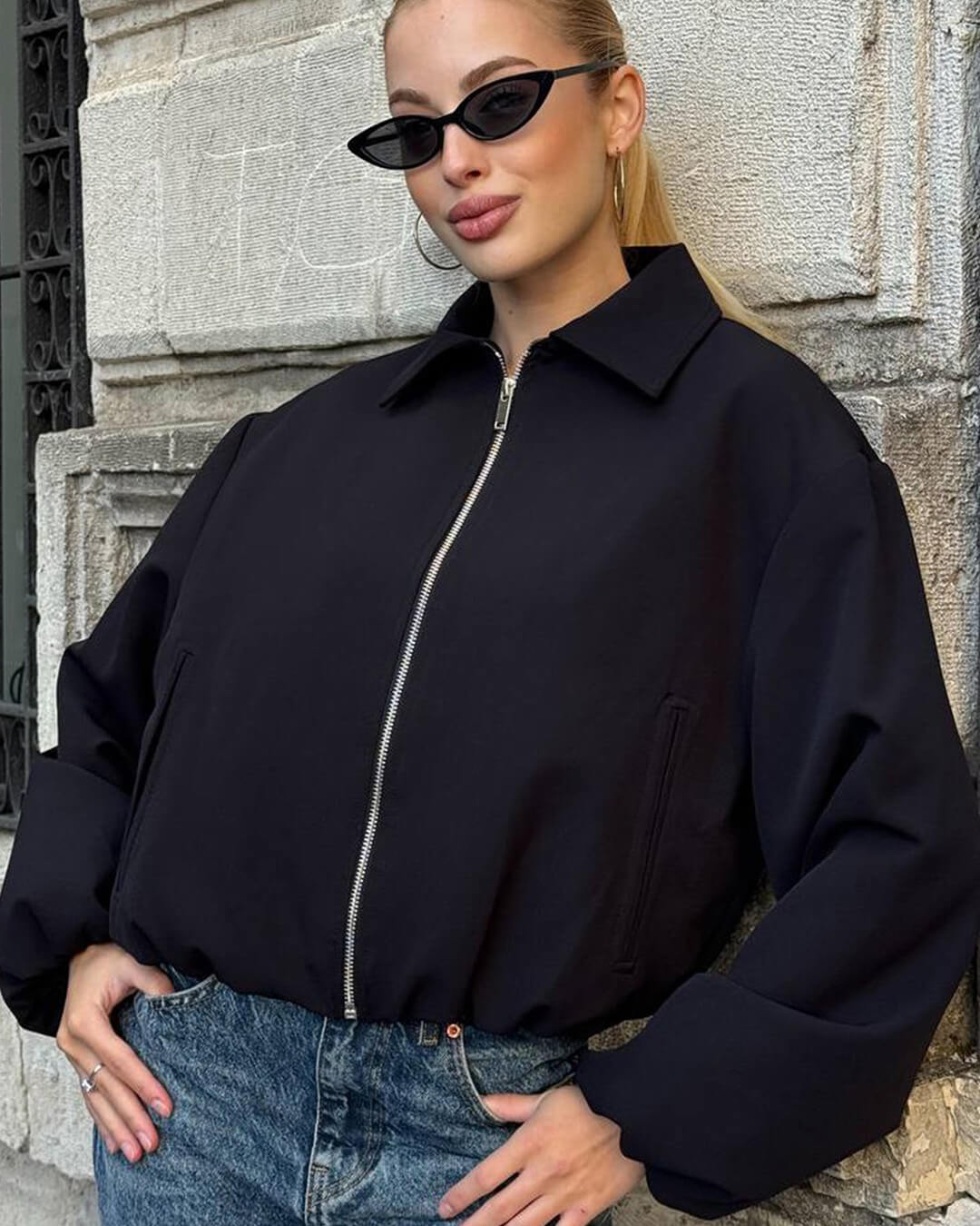 OLANE Front-Zip Puffer Bomber Jacket BlackXSWomen's Coats & Jackets