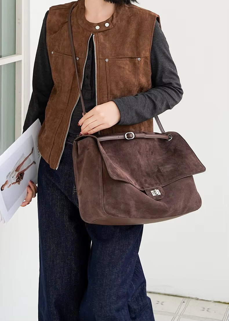 OLANE Frosted Cowhide Retro Tote Bag CoffeeSBag