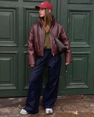Funnel Neck Faux Leather Biker Jacket