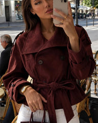 Funnel Neck Faux Suede Belted Jacket