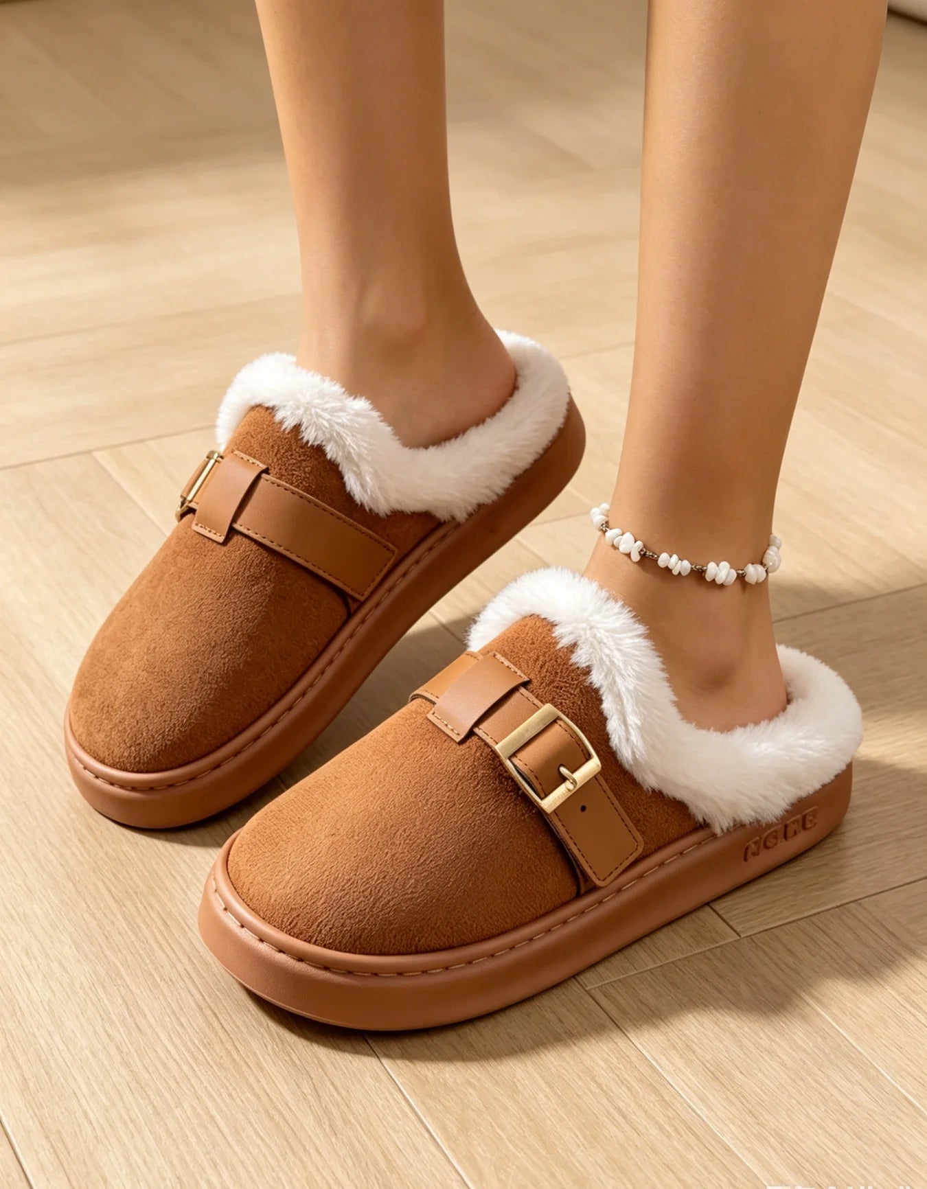 OLANE Fuzzy Retro Faux Fur Lined Suede Slippers Brown36-37Shoes