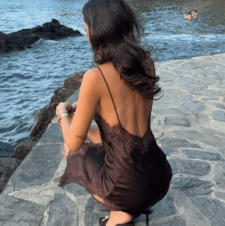 OLANE Gianna Asymmetric Satin Mini Dress BrownMWomen's Dresses
