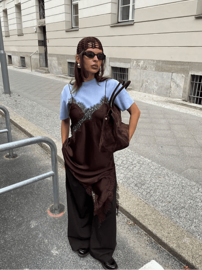 OLANE Gianna Asymmetric Satin Mini Dress BrownSWomen's Dresses