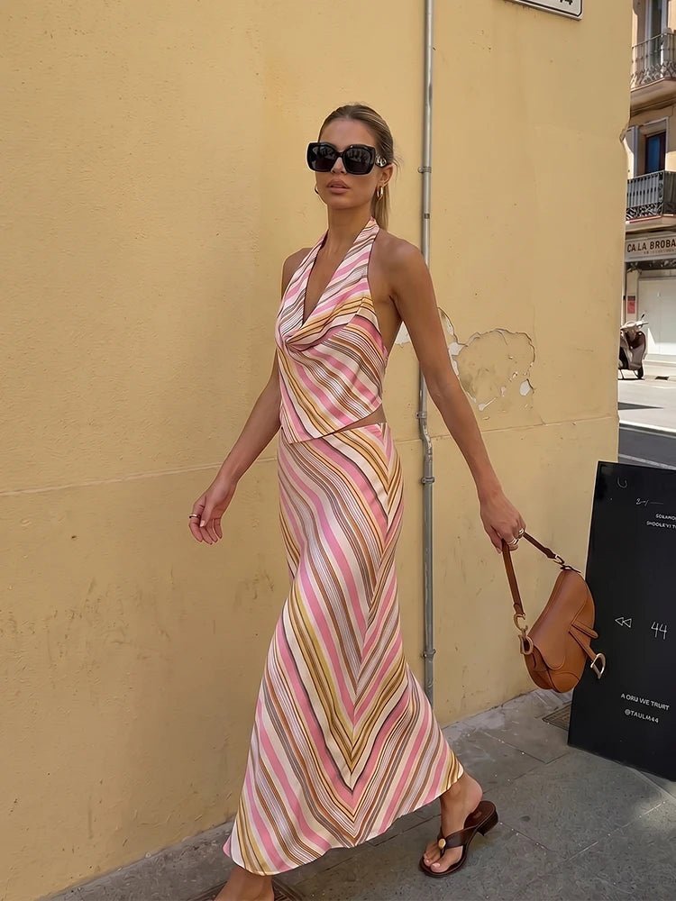 OLANE Halter Neck Bohemian Striped Satin Set Set (Top+Skirt)XSWomen's Sets