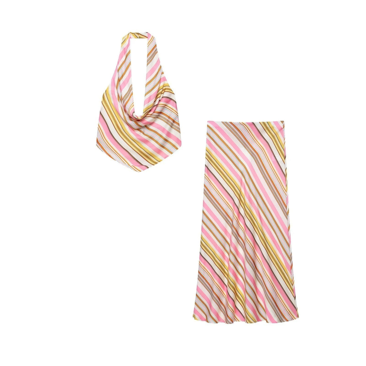 OLANE Halter Neck Bohemian Striped Satin Set SkirtXSWomen's Sets