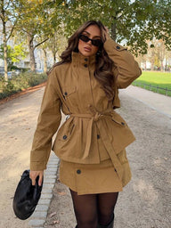 High Collar Belted Jacket & Skort Set