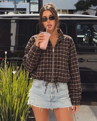 High Collar Checked Zip-Up Jacket