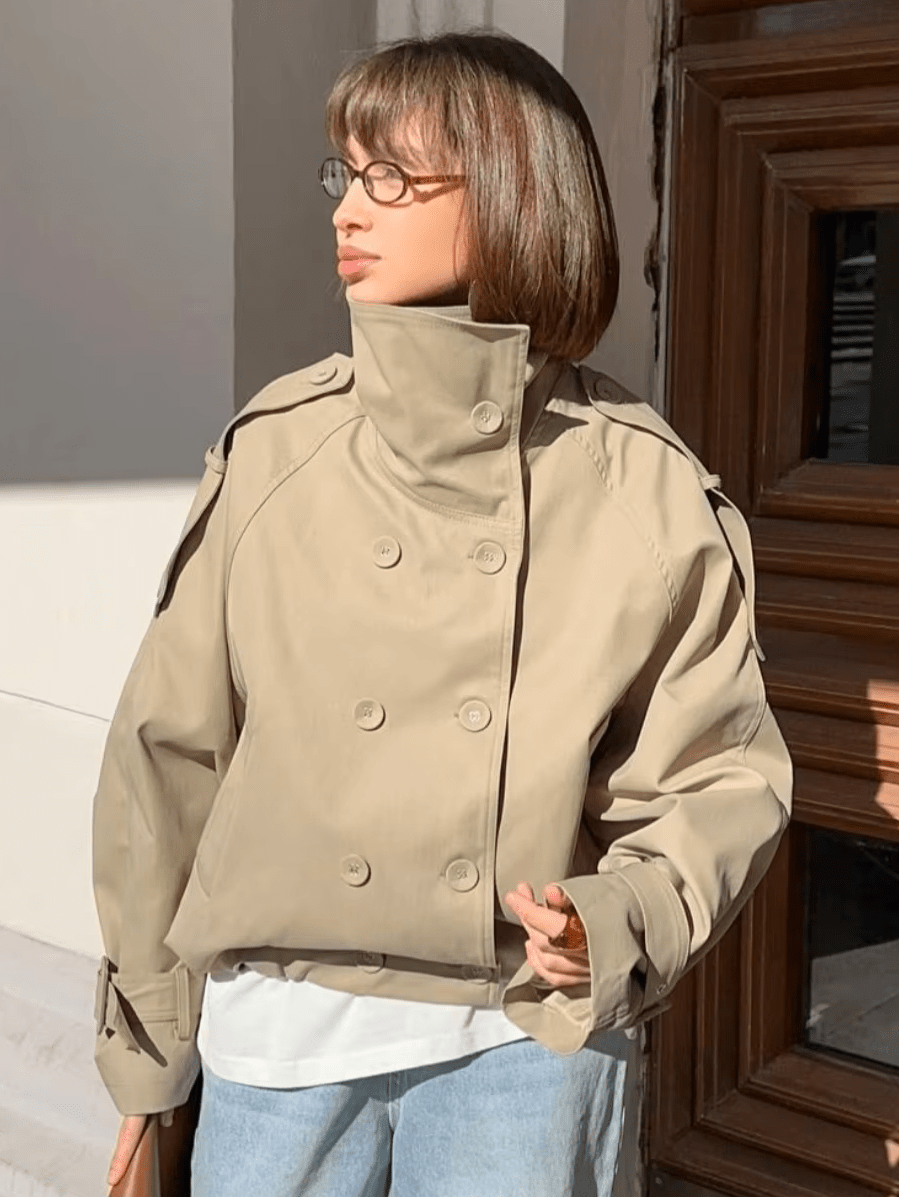 OLANE High Funnel Neck Cropped Trench Jacket BeigeMJacket