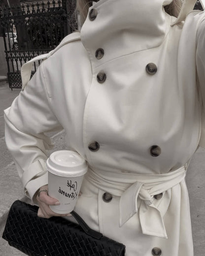 OLANE High-Neck Belted Long Trench Coat CreamLWomen's Coats & Jackets