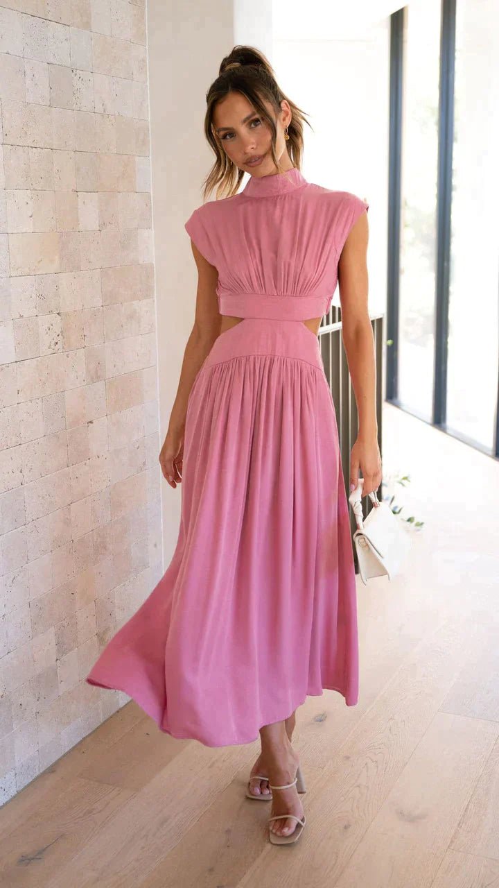 OLANE High-Neck Cut Out Midi Dress PinkXSWomen's Dresses