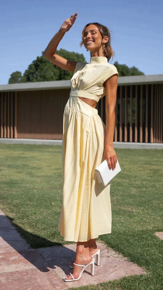 OLANE High-Neck Cut Out Midi Dress YellowXSWomen's Dresses