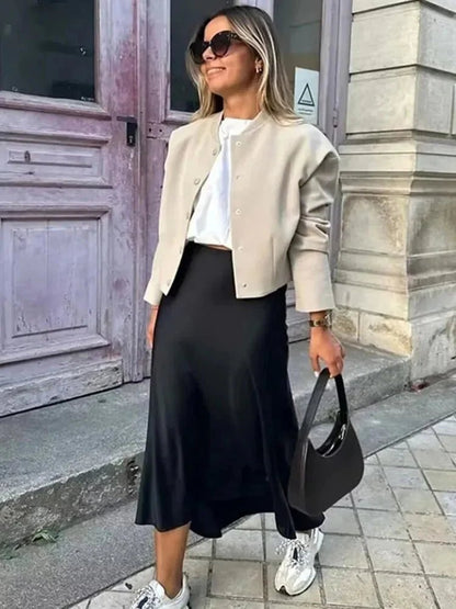OLANE High Waist Satin Midi Skirt Light BlueXSWomen's Bottoms