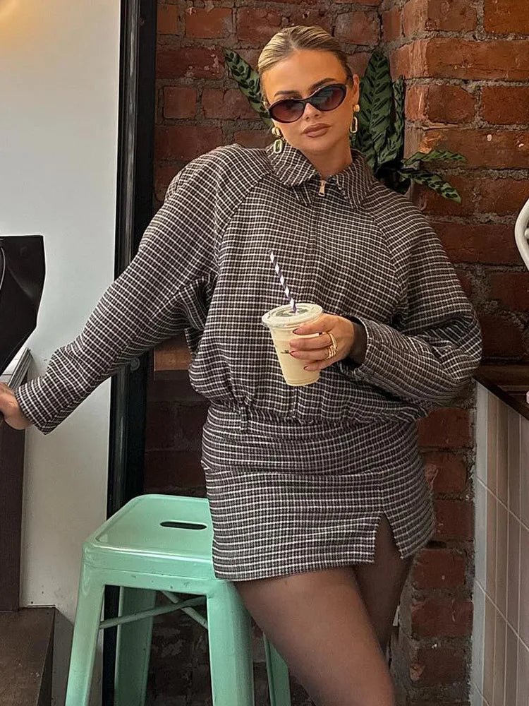 OLANE Houndstooth Zip-Up Jacket & Skirt Set Suit - Jacket + SkirtXSWomen's Sets