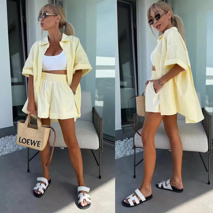 OLANE Janine Lapel Half-Sleeve Top & Shorts Set BlueSWomen's Sets