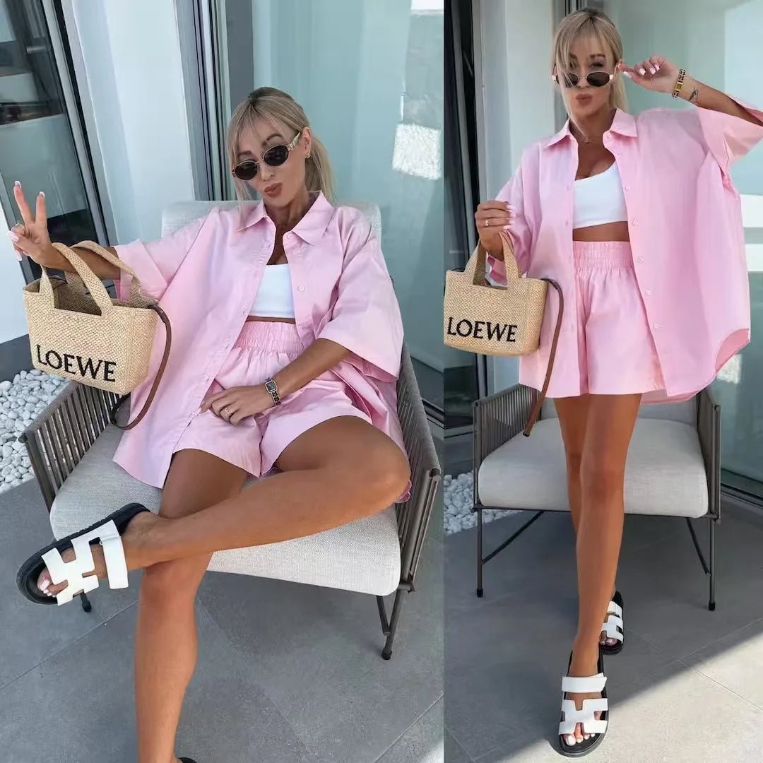 OLANE Janine Lapel Half - Sleeve Top & Shorts Set PinkSMatching Sets