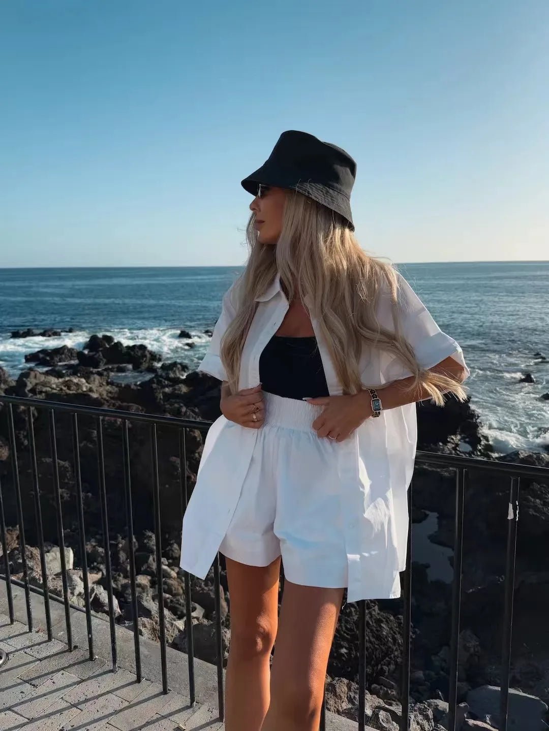 OLANE Janine Lapel Half - Sleeve Top & Shorts Set WhiteSMatching Sets