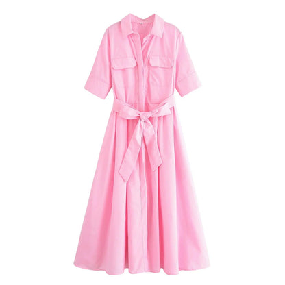 OLANE Kirra Belted Shirt Midi Dress Pink StripesXSWomen's Dresses