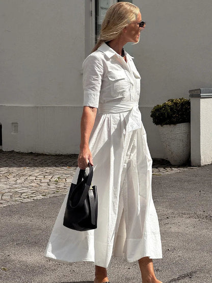 OLANE Kirra Belted Shirt Midi Dress WhiteXSDress