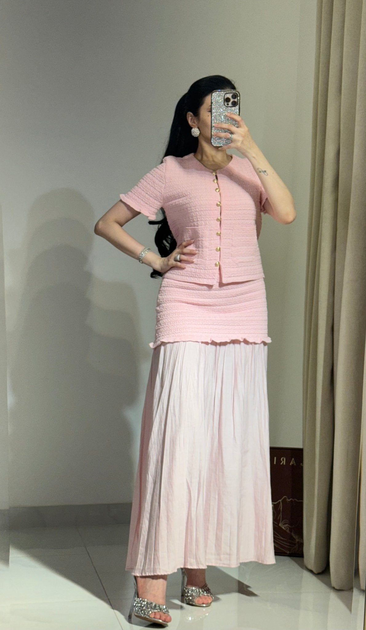 OLANE Knitted Tank Pleated Skirt Set Pink SetSWomen's Sets
