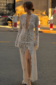Lace Deep V Long Sleeve Split Maxi Dress