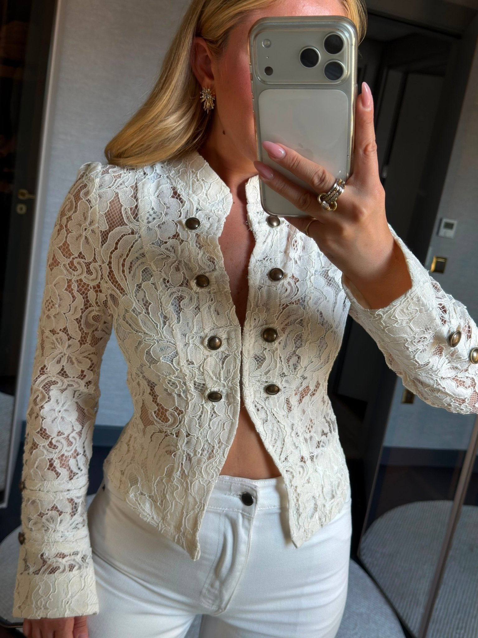 OLANE Lace Sheer Patchwork Jacket BeigeXSWomen's Coats & Jackets