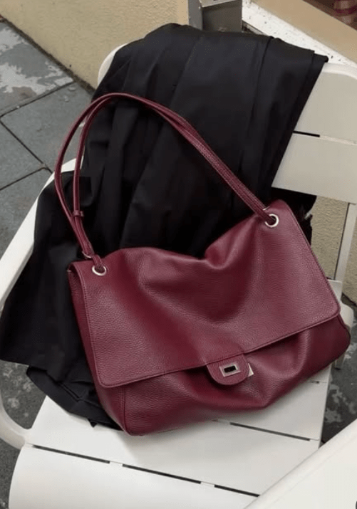 OLANE Leather Flap Maxi Shoulder Bag Burgundy32x9x22 cmWomen's Handbags