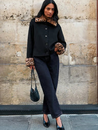 Leopard Faux Fur Trim Button-Up Jacket