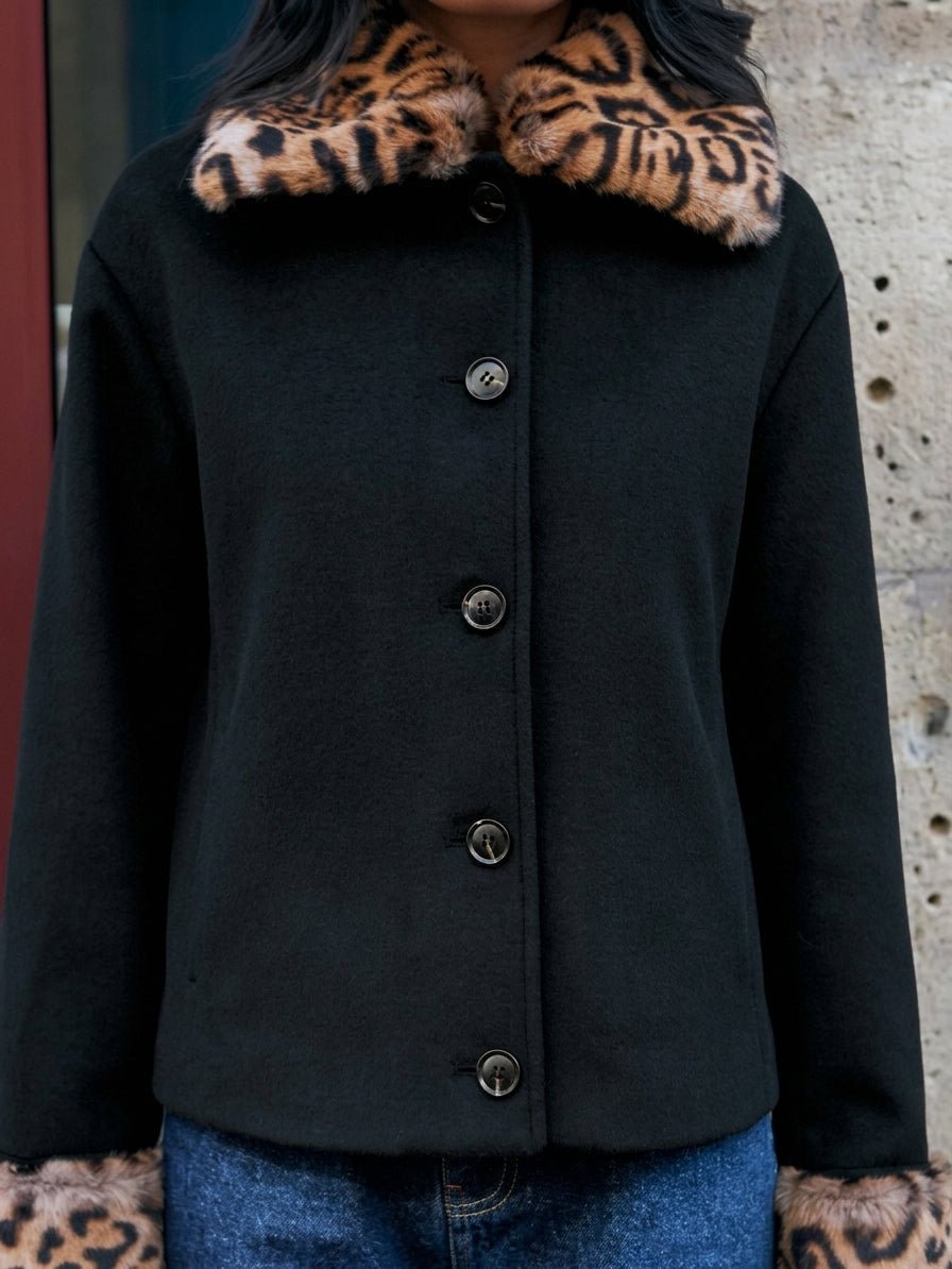 OLANE Leopard Faux Fur Trim Button-Up Jacket BlackSWomen's Coats & Jackets