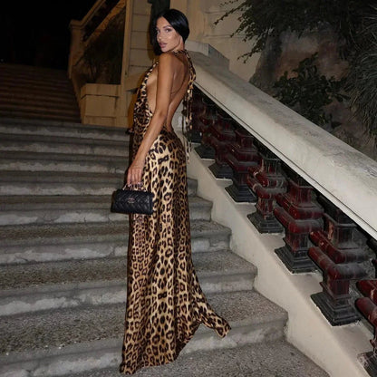 OLANE Leopard Print Halter Backless Maxi Dress LeopardSWomen’s Dresses