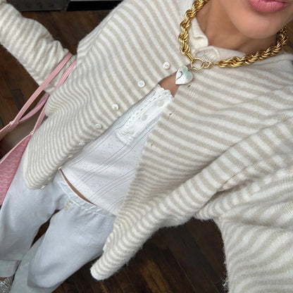 OLANE Lightweight Button - Down Striped Cardigan BeigeSWomen's Sweaters & Cardigans
