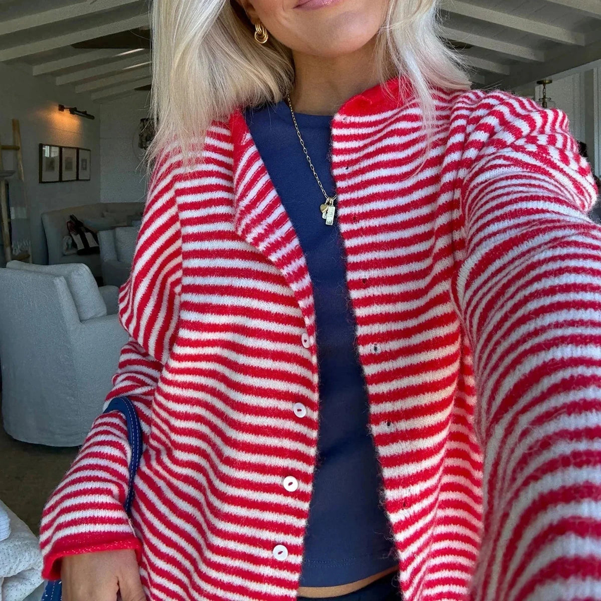 OLANE Lightweight Button-Down Striped Cardigan BrownSWomen's Sweaters & Cardigans