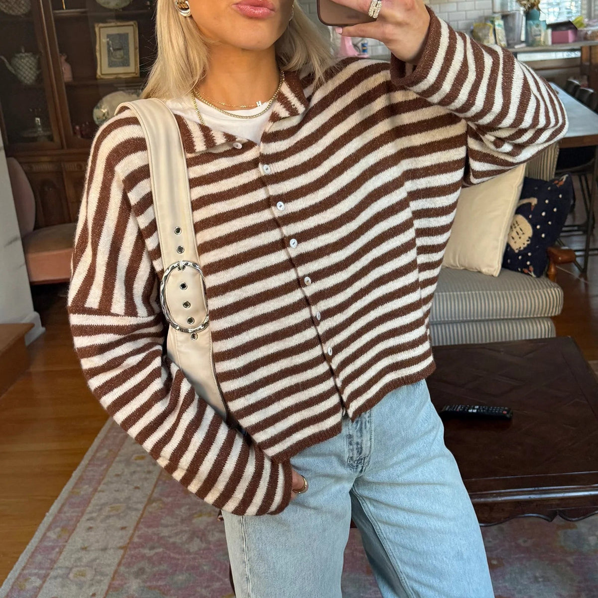 OLANE Lightweight Button - Down Striped Cardigan BrownSWomen's Sweaters & Cardigans