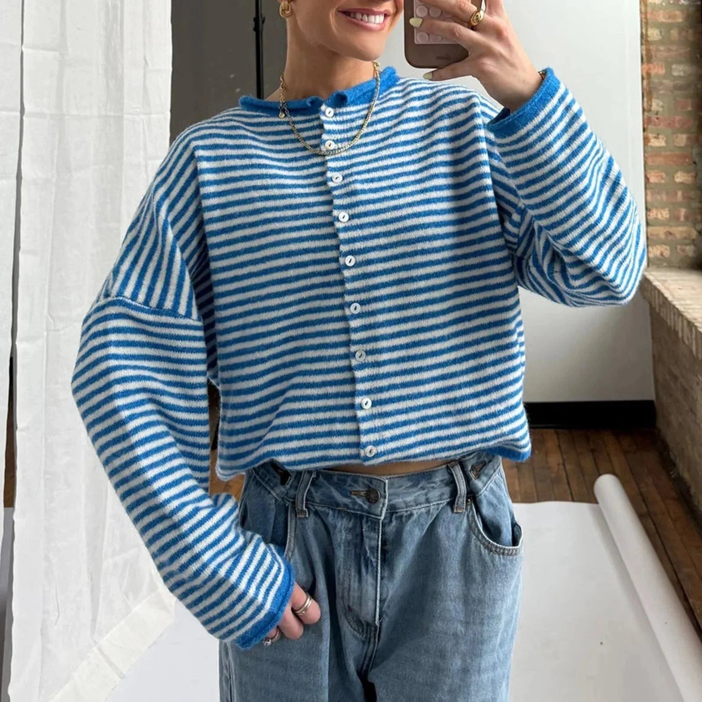 OLANE Lightweight Button-Down Striped Cardigan BrownSWomen's Sweaters & Cardigans