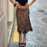 Lisa Leopard Lace Patchwork Midi Skirt