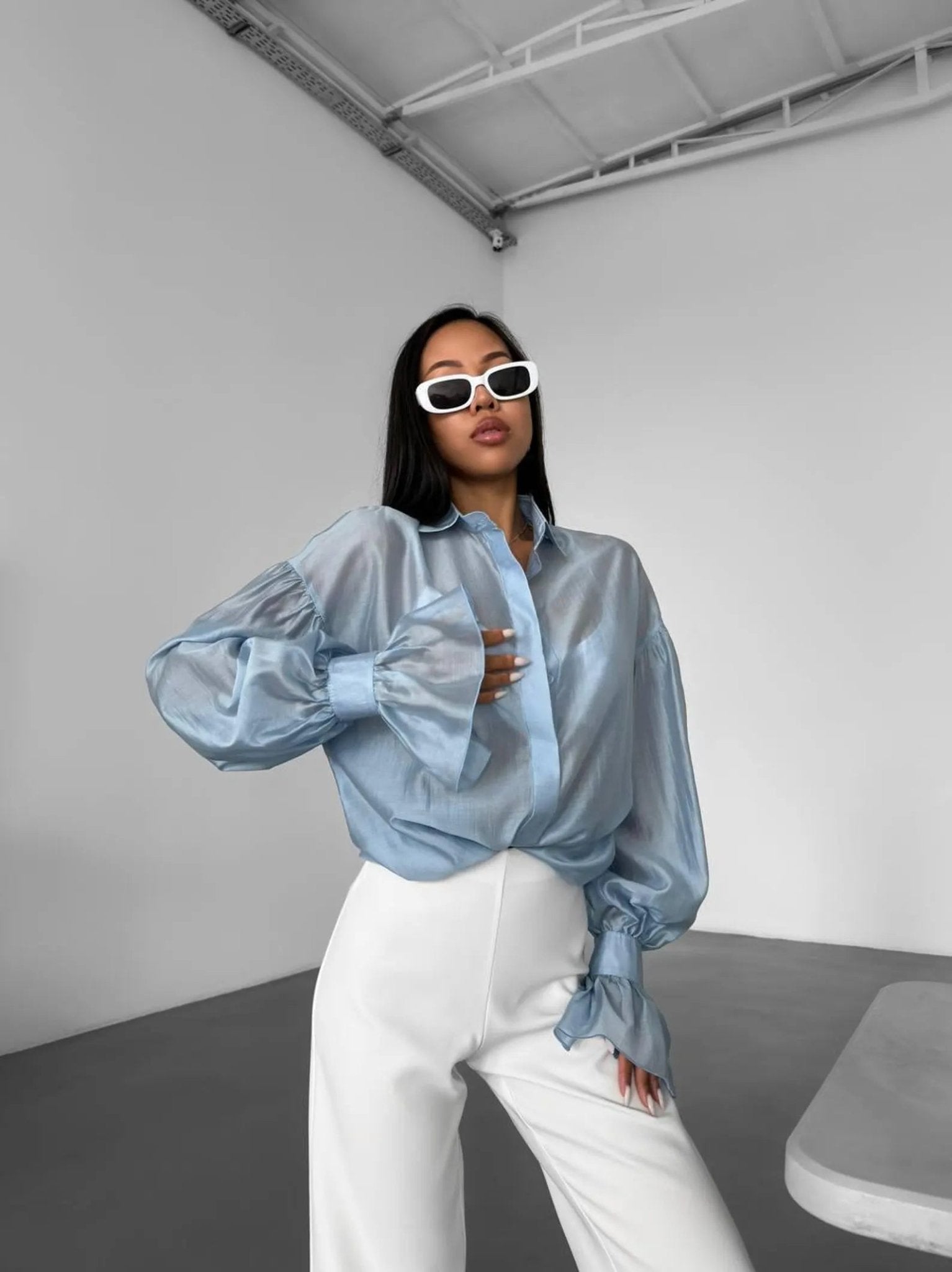 OLANE Long Sleeve Chiffon Sheer Blouse BlueSWomen’s Tops